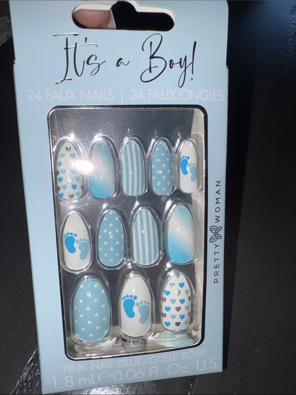 It’s a boy baby announcement press on glue nails blue white